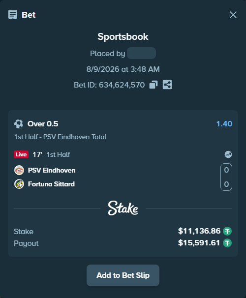 Bet slip: PSV Eindhoven - Fortuna Sittard, $11,148.00 stake at 1.40 odds, placed by tlwns4736