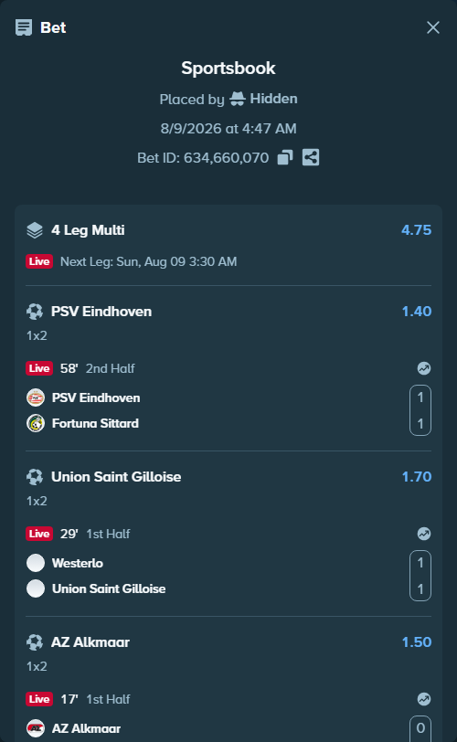 Bet slip: PSV Eindhoven - Fortuna Sittard, $24,040.20 stake at 1.40 odds, placed by Hidden