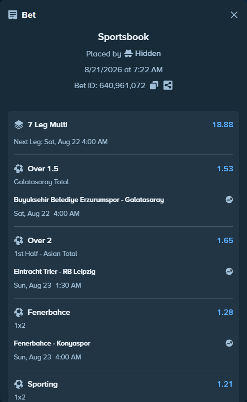 Bet slip: PSV Eindhoven - Groningen, $13,000.00 stake at 1.89 odds, placed by Hidden