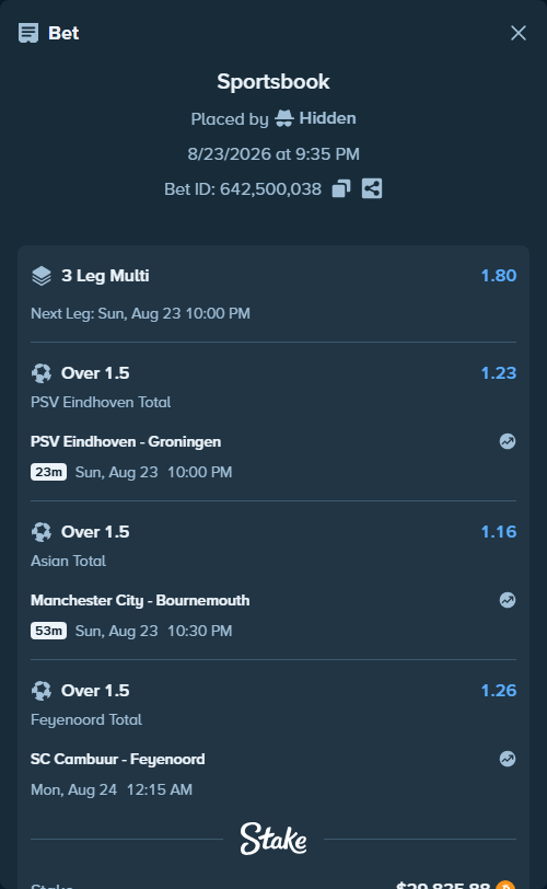 Bet slip: PSV Eindhoven - Groningen, $29,827.20 stake at 1.23 odds, placed by Hidden