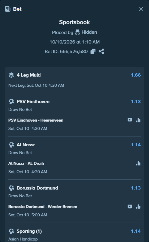 Bet slip: PSV Eindhoven - Heerenveen, $10,029.00 stake at 1.13 odds, placed by Haliasovskyi