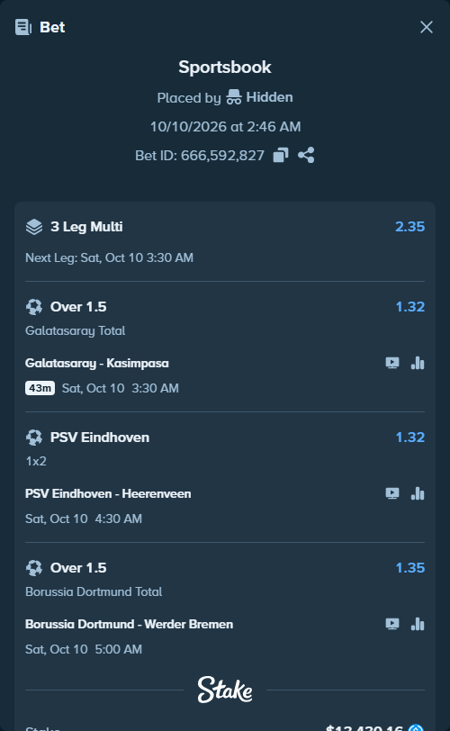 Bet slip: PSV Eindhoven - Heerenveen, $13,430.16 stake at 1.32 odds, placed by Hidden