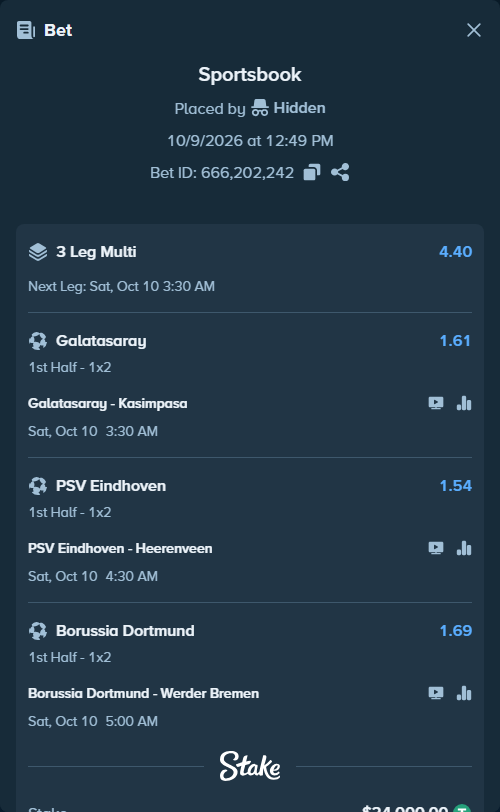Bet slip: PSV Eindhoven - Heerenveen, $24,024.00 stake at 1.54 odds, placed by Hidden