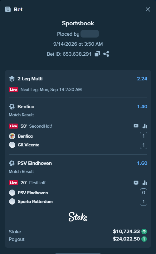 Bet slip: PSV Eindhoven - Sparta Rotterdam, $10,723.26 stake at 1.60 odds, placed by KOHINUR7474
