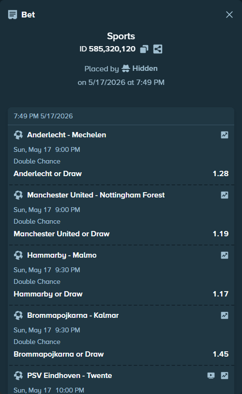 Bet slip: PSV Eindhoven - Twente, $10,000.00 stake at 1.47 odds, placed by Hidden