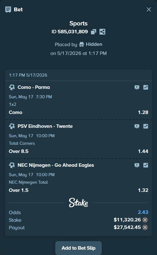 Bet slip: PSV Eindhoven - Twente, $9,242.99 stake at 1.44 odds, placed by Hidden