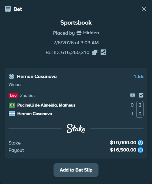 Bet slip: Pucinelli de Almeida, Matheus - Hernan Casanova, $10,000.00 stake at 1.65 odds, placed by Hidden