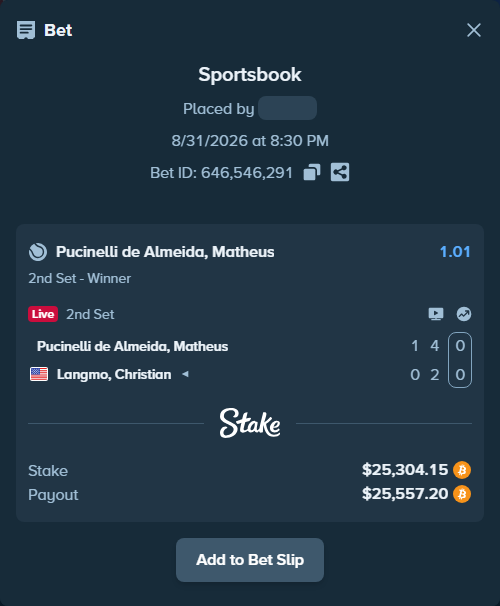 Bet slip: Pucinelli de Almeida, Matheus - Langmo, Christian, $25,252.10 stake at 1.01 odds, placed by messrjaysr