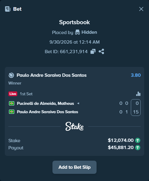Bet slip: Pucinelli de Almeida, Matheus - Paulo Andre Saraiva Dos Santos, $12,074.00 stake at 3.80 odds, placed by Hidden