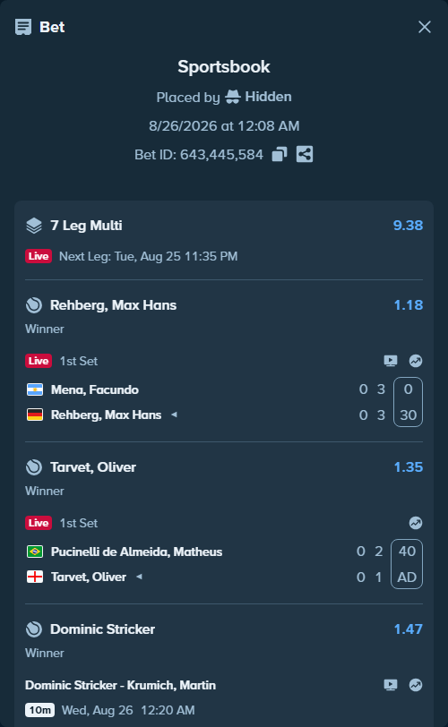 Bet slip: Pucinelli de Almeida, Matheus - Tarvet, Oliver, $10,000.00 stake at 1.35 odds, placed by Hidden