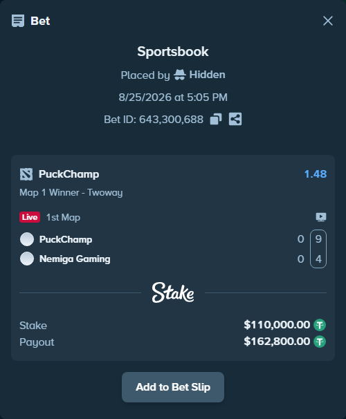 Bet slip: PuckChamp - Nemiga Gaming, $110,000.00 stake at 1.48 odds, placed by Hidden