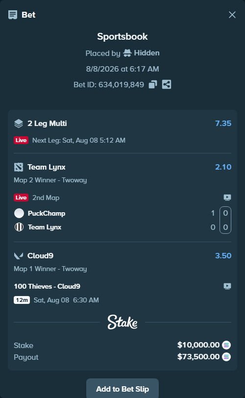 Bet slip: PuckChamp - Team Lynx, $10,077.14 stake at 2.10 odds, placed by Hidden