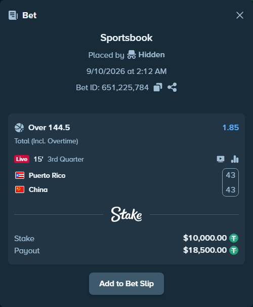 Bet slip: Puerto Rico - China, $10,000.00 stake at 1.85 odds, placed by Hidden
