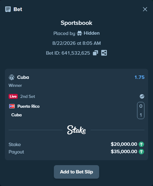Bet slip: Puerto Rico - Cuba, $20,000.00 stake at 1.75 odds, placed by Hidden