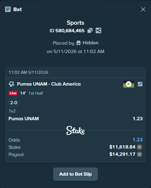 Bet slip: Pumas UNAM - Club America, $9,172.78 stake at 1.23 odds, placed by Hidden