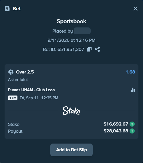 Bet slip: Pumas UNAM - Club Leon, $16,691.00 stake at 1.68 odds, placed by SH7N28