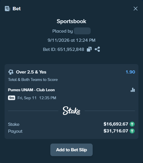 Bet slip: Pumas UNAM - Club Leon, $16,691.00 stake at 1.90 odds, placed by SH7N28