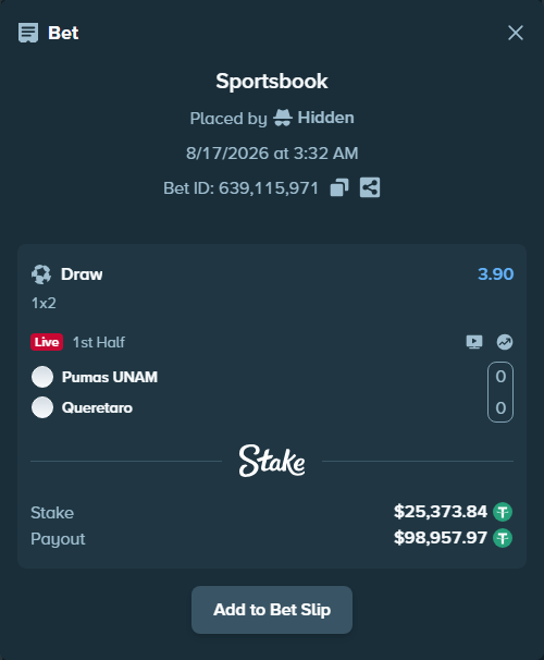 Bet slip: Pumas UNAM - Queretaro, $25,399.21 stake at 3.90 odds, placed by Hidden