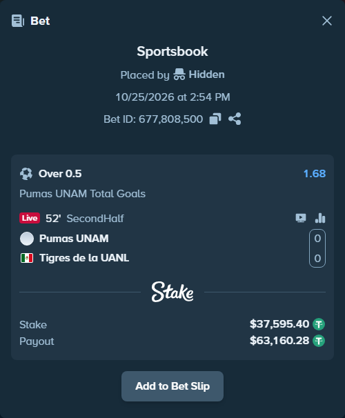 Bet slip: Pumas UNAM - Tigres, $37,633.00 stake at 1.68 odds, placed by Hidden