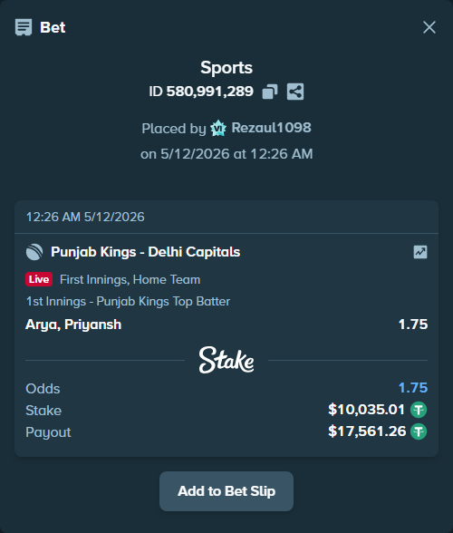 Bet slip: Punjab Kings - Delhi Capitals, $10,035.01 stake at 1.75 odds, placed by Rezaul1098
