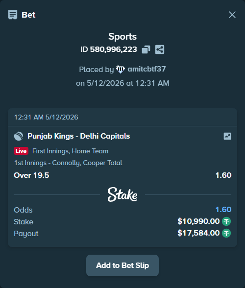 Bet slip: Punjab Kings - Delhi Capitals, $10,990.00 stake at 1.60 odds, placed by amitcbtf37