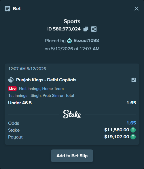 Bet slip: Punjab Kings - Delhi Capitals, $11,580.00 stake at 1.65 odds, placed by Rezaul1098