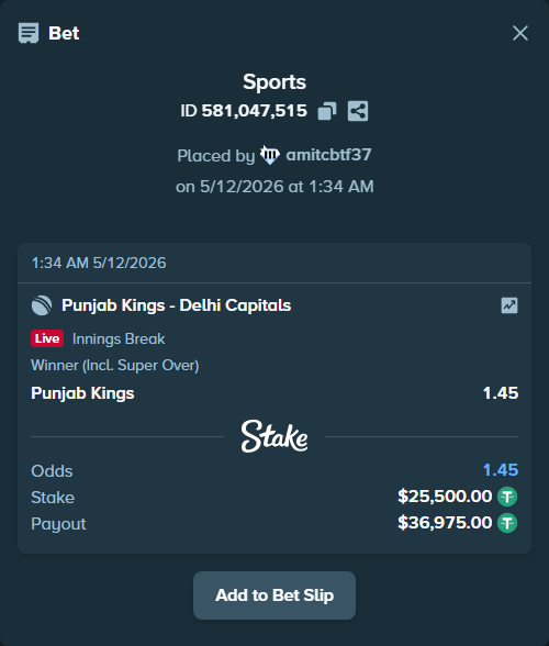 Bet slip: Punjab Kings - Delhi Capitals, $25,500.00 stake at 1.45 odds, placed by amitcbtf37
