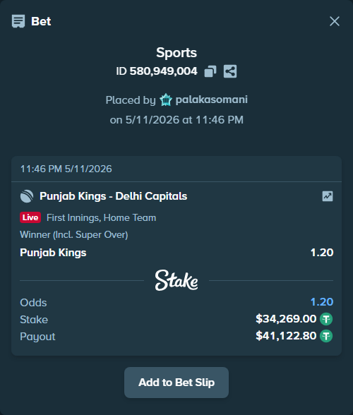 Bet slip: Punjab Kings - Delhi Capitals, $34,269.00 stake at 1.20 odds, placed by palakasomani