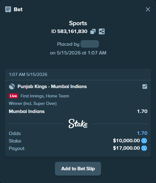 Bet slip: Punjab Kings - Mumbai Indians, $10,000.00 stake at 1.70 odds, placed by Storestorm