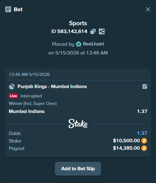 Bet slip: Punjab Kings - Mumbai Indians, $8,316.71 stake at 1.37 odds, placed by RealJuari