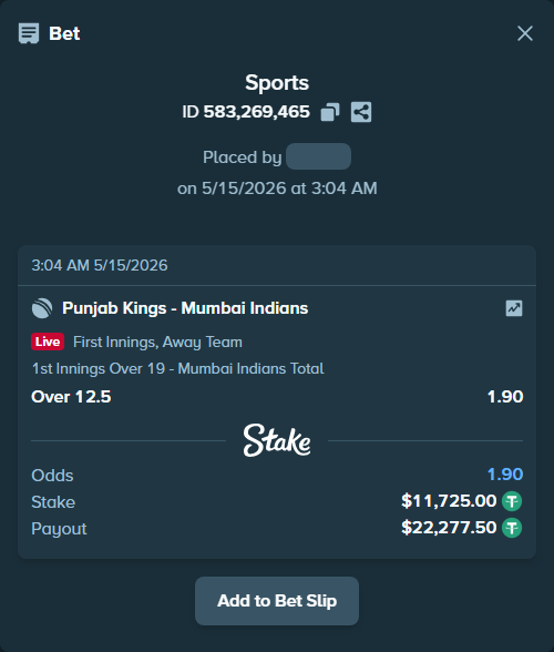 Bet slip: Punjab Kings - Mumbai Indians, $11,725.00 stake at 1.90 odds, placed by amitcbtf37