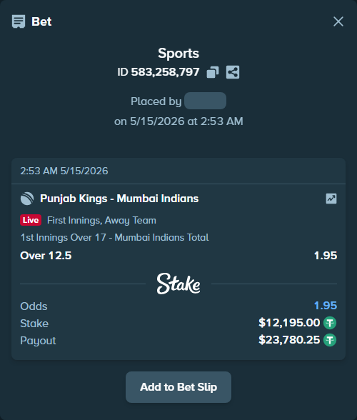 Bet slip: Punjab Kings - Mumbai Indians, $12,195.00 stake at 1.95 odds, placed by amitcbtf37