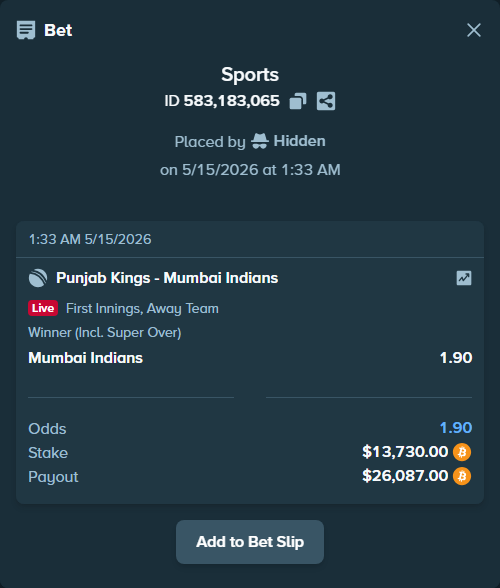 Bet slip: Punjab Kings - Mumbai Indians, $10,857.46 stake at 1.90 odds, placed by RealJuari