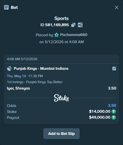 Bet slip: Punjab Kings - Mumbai Indians, $14,000.00 stake at 3.50 odds, placed by Pochamma660