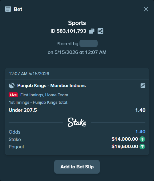 Bet slip: Punjab Kings - Mumbai Indians, $14,000.00 stake at 1.40 odds, placed by amitcbtf37