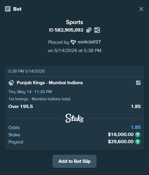 Bet slip: Punjab Kings - Mumbai Indians, $16,000.00 stake at 1.85 odds, placed by amitcbtf37