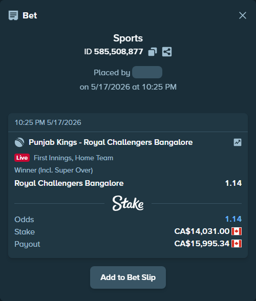 Bet slip: Punjab Kings - Royal Challengers Bengaluru, $10,382.94 stake at 1.14 odds, placed by Rupam2428