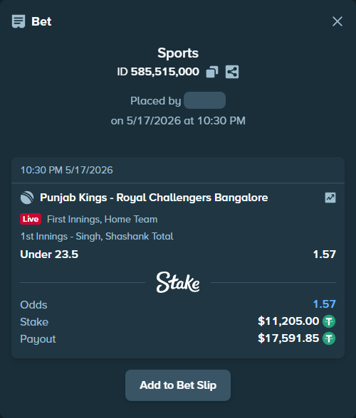 Bet slip: Punjab Kings - Royal Challengers Bengaluru, $11,205.00 stake at 1.57 odds, placed by Salinactg321