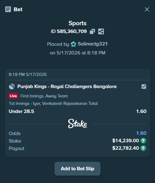 Bet slip: Punjab Kings - Royal Challengers Bengaluru, $14,239.00 stake at 1.60 odds, placed by Salinactg321