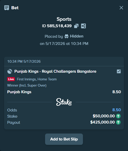Bet slip: Punjab Kings - Royal Challengers Bengaluru, $50,000.00 stake at 8.50 odds, placed by Hidden