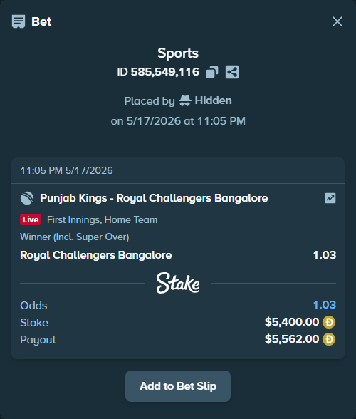 Bet slip: Punjab Kings - Royal Challengers Bengaluru, $4,053.73 stake at 1.03 odds, placed by Hidden