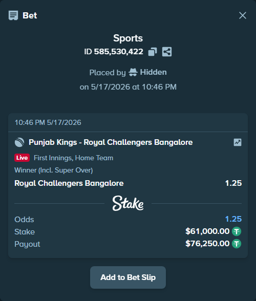 Bet slip: Punjab Kings - Royal Challengers Bengaluru, $61,000.00 stake at 1.25 odds, placed by Hidden