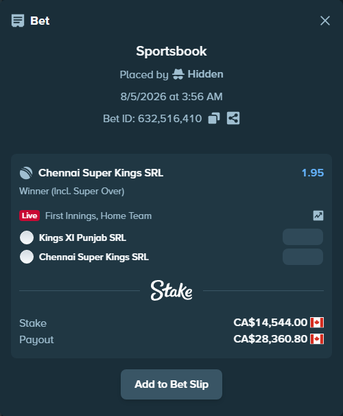 Bet slip: Punjab Kings SRL - Chennai Super Kings SRL, $10,762.56 stake at 1.95 odds, placed by Hidden