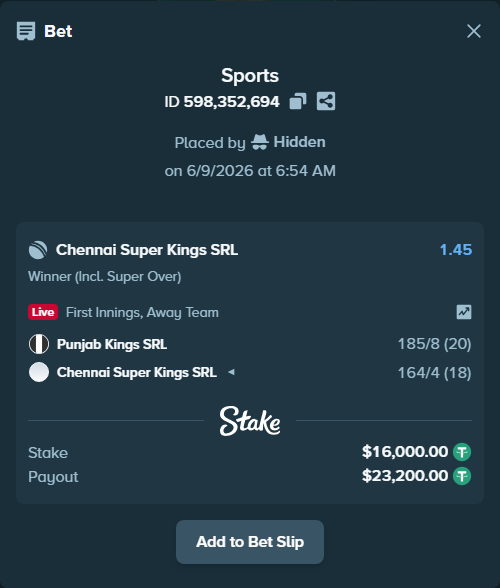 Bet slip: Punjab Kings SRL - Chennai Super Kings SRL, $16,000.00 stake at 1.45 odds, placed by Hidden