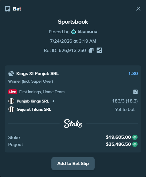 Bet slip: Punjab Kings SRL - Gujarat Titans SRL, $19,624.60 stake at 1.30 odds, placed by liliamaria