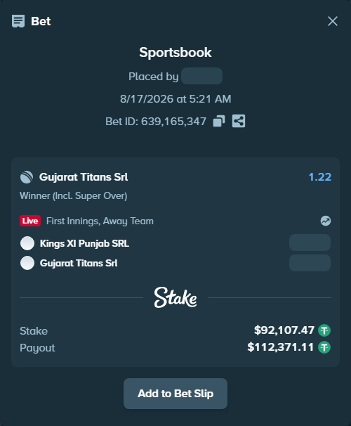 Bet slip: Punjab Kings SRL - Gujarat Titans SRL, $92,199.58 stake at 1.22 odds, placed by riaggo1