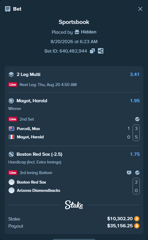 Bet slip: Purcell, Max - Mayot, Harold, $10,381.80 stake at 1.95 odds, placed by Hidden
