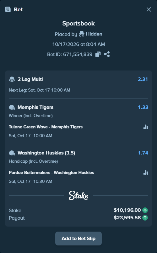 Bet slip: Purdue Boilermakers - Washington Huskies, $10,206.20 stake at 1.74 odds, placed by Hidden