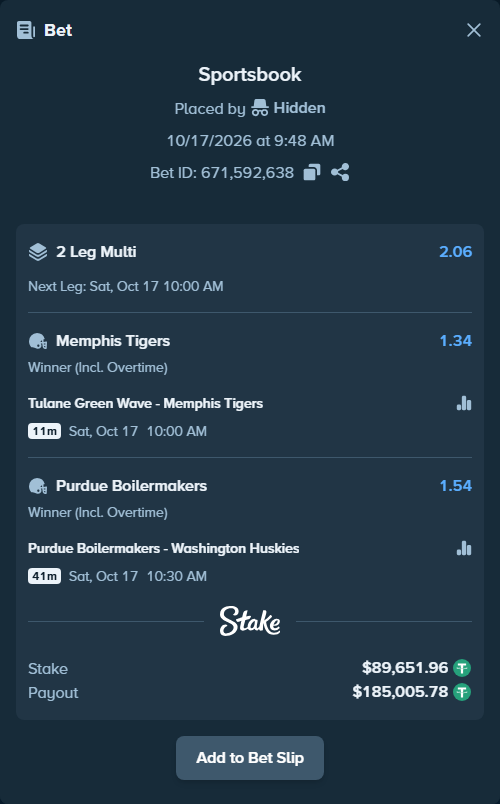 Bet slip: Purdue Boilermakers - Washington Huskies, $89,741.61 stake at 1.54 odds, placed by Hidden