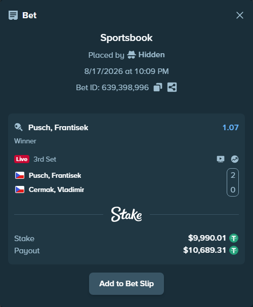Bet slip: Pusch, Frantisek - Cermak, Vladimir, $10,000.00 stake at 1.07 odds, placed by Hidden